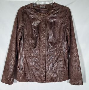 DANA BUCHMAN BROWN ANIMAL PRINT FAUX LEATHER SNAP FRONT SHIRT JACKET